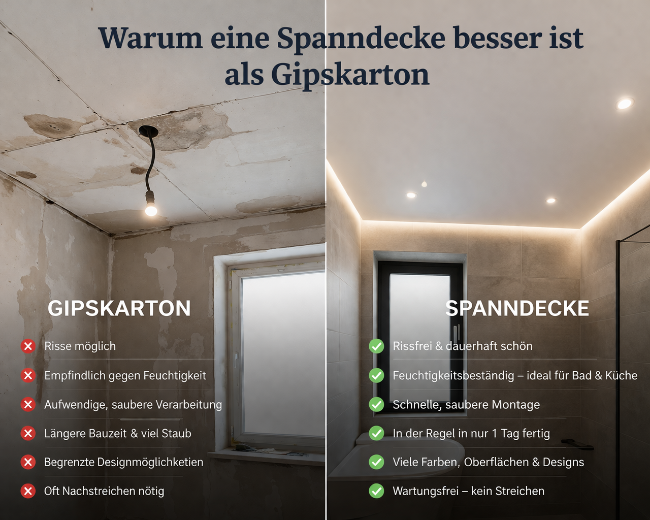 Vergleich zwischen Spanndecke und Gipskarton