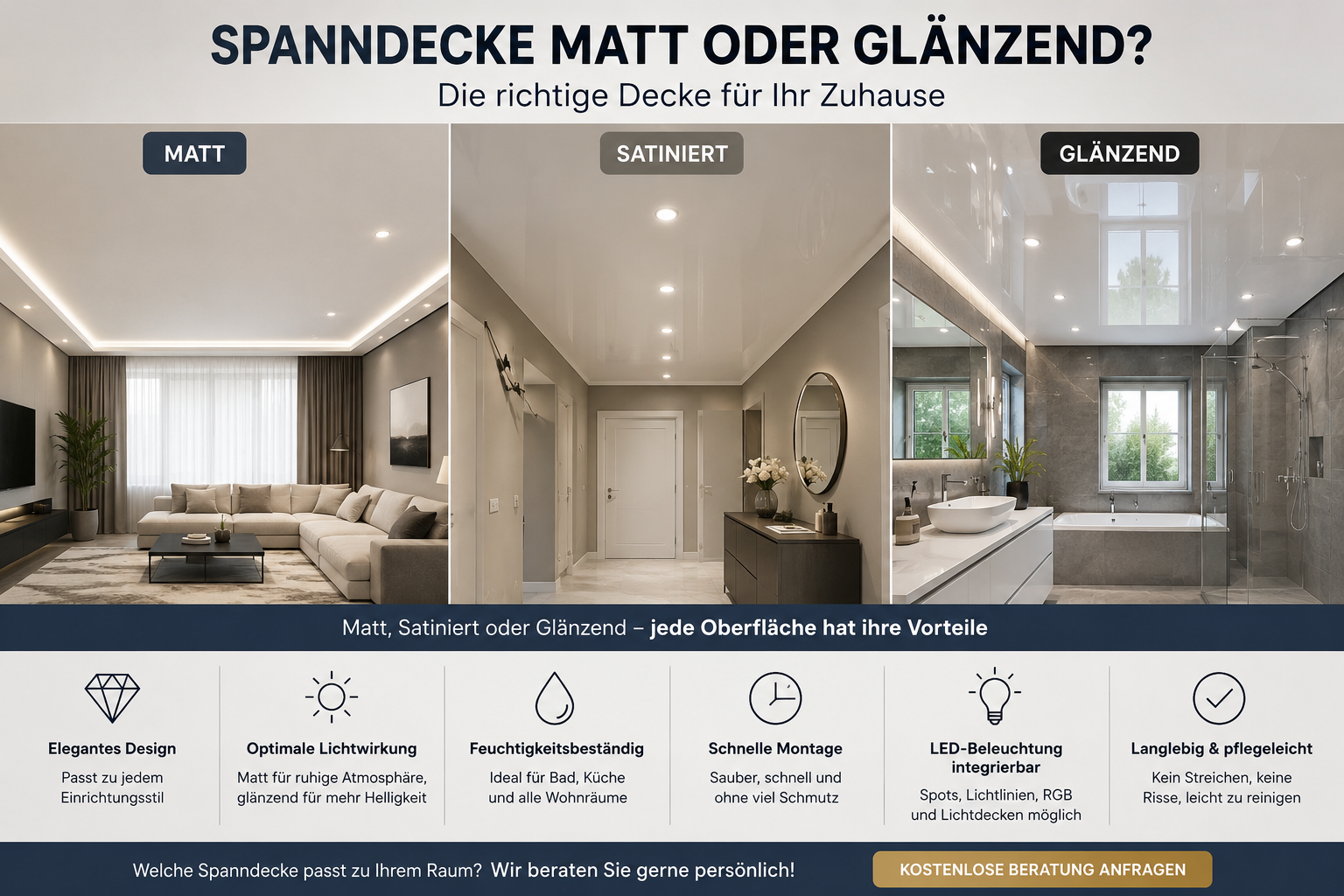 Spanndecke matt oder glänzend Vergleich für moderne Wohnräume und Badezimmer