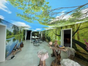 Bedruckte Spanndecken im Wohnzimmer mit Fotodruck - modernes Design