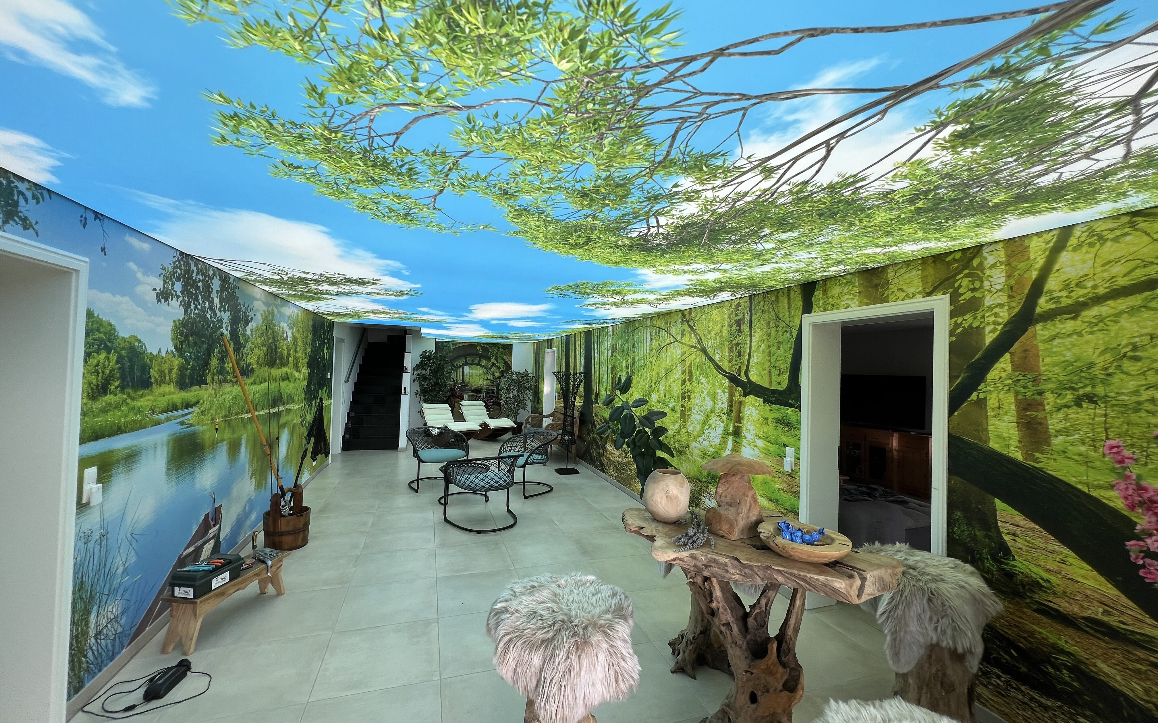 Bedruckte Lichtdecke mit Naturmotiv und LED-Beleuchtung