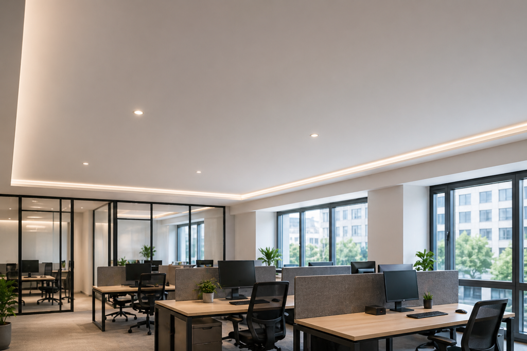 Akustikdecke im modernen Büro zur Verbesserung der Raumakustik
