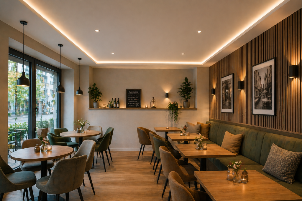 Akustikdecke im modernen Restaurant zur Reduzierung von Nachhall und Geräuschpegel
