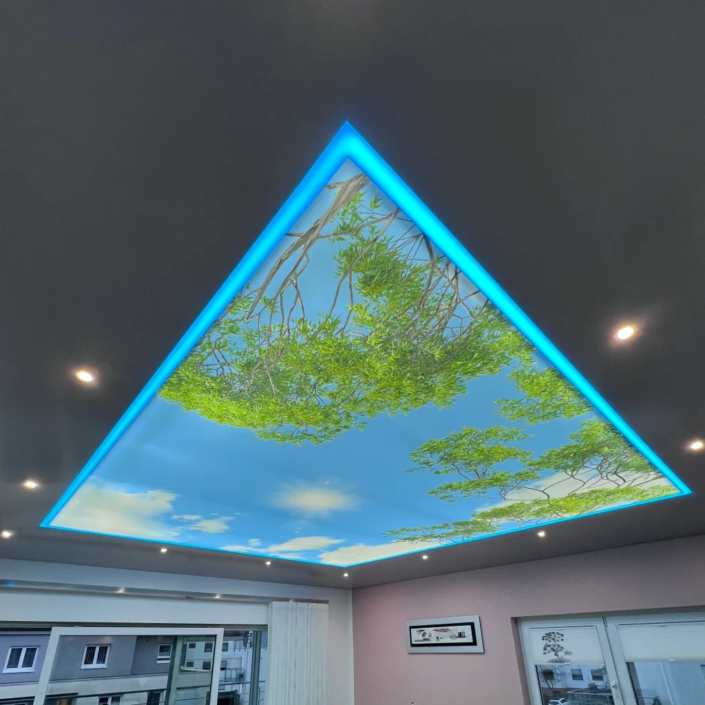 Bedruckte Lichtdecke mit Naturmotiv und blauem LED-Rahmen