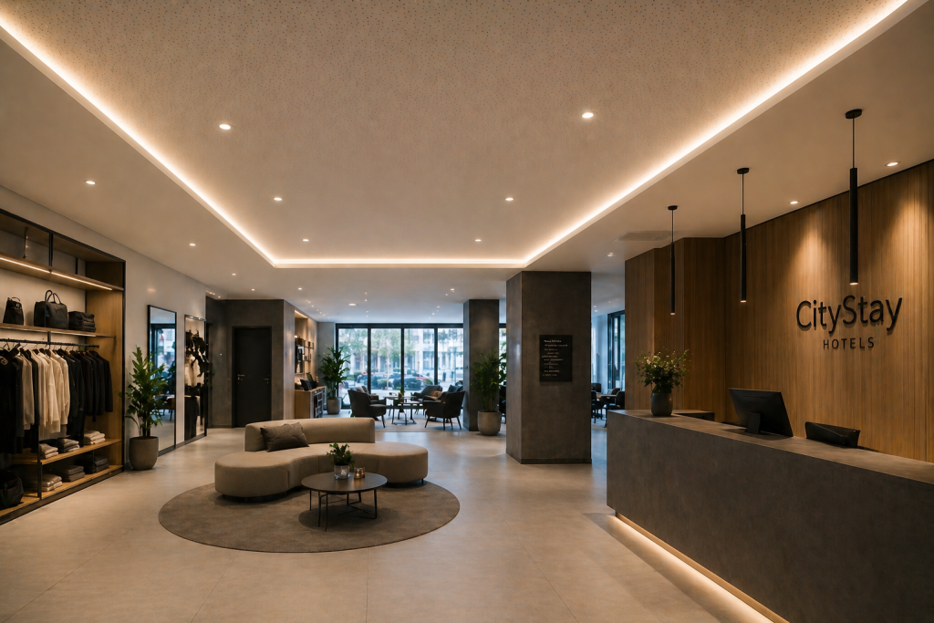 Akustikdecke in einer modernen Hotellobby zur Verbesserung der Raumakustik