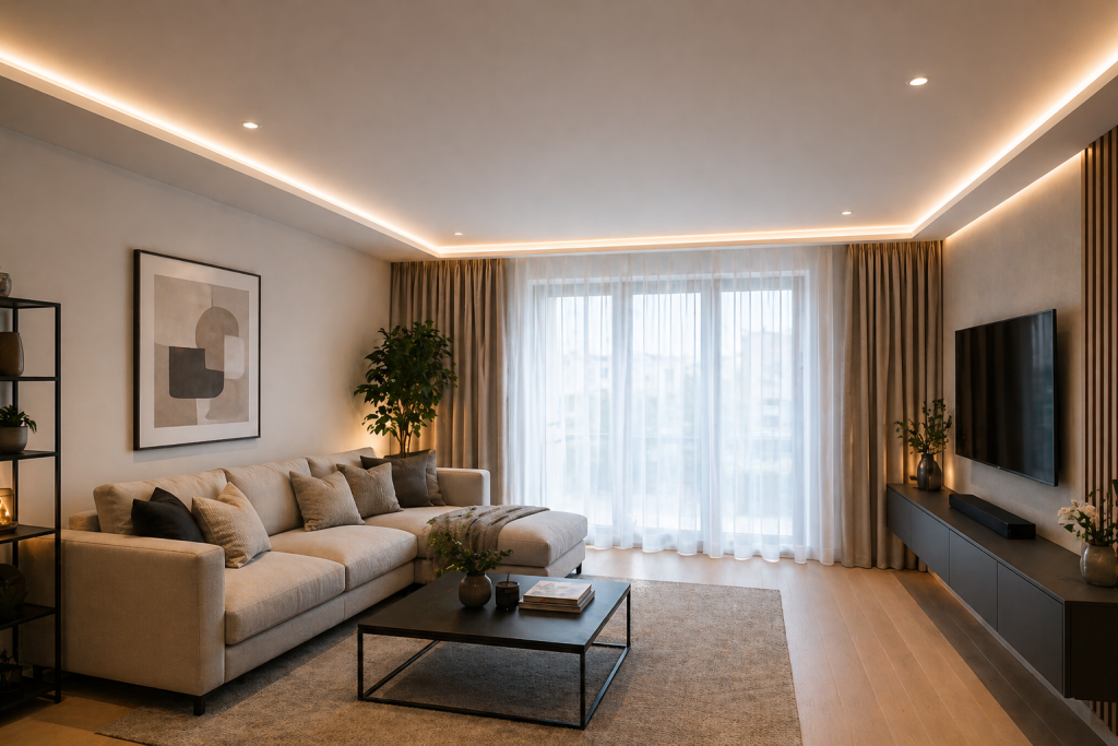 Akustikdecke im modernen Wohnzimmer für bessere Raumakustik und mehr Wohnkomfort
