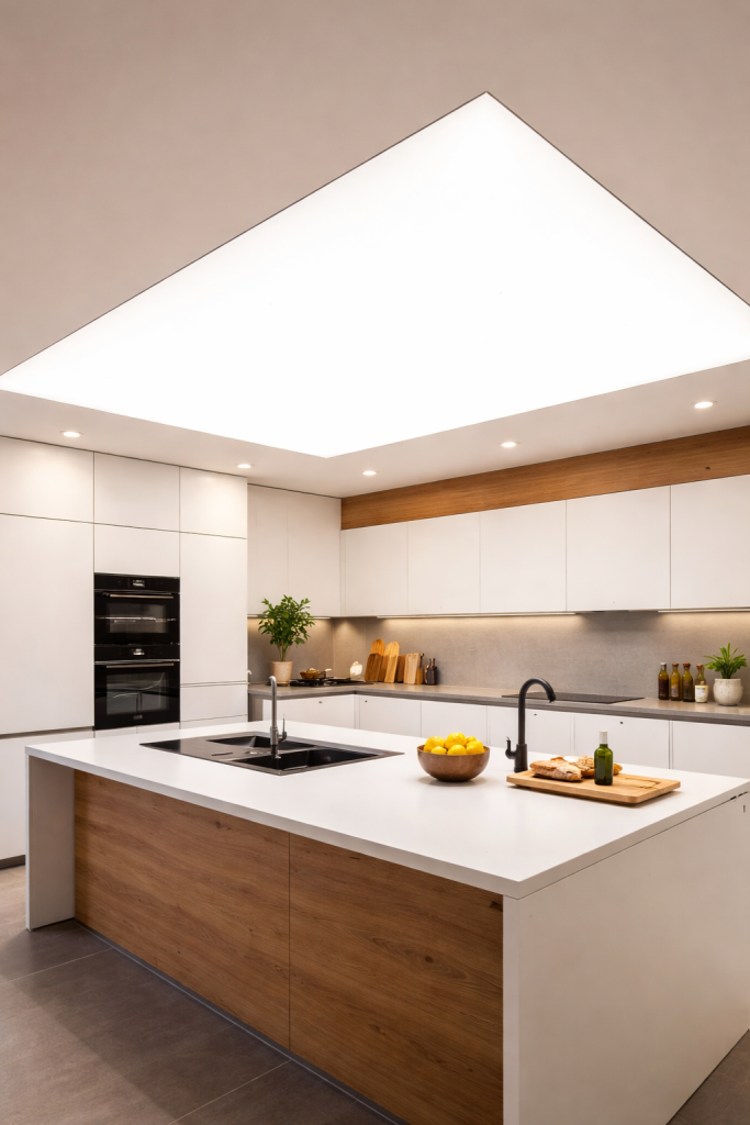 Moderne Lichtdecke in der Küche über der Kochinsel mit LED-Beleuchtung
