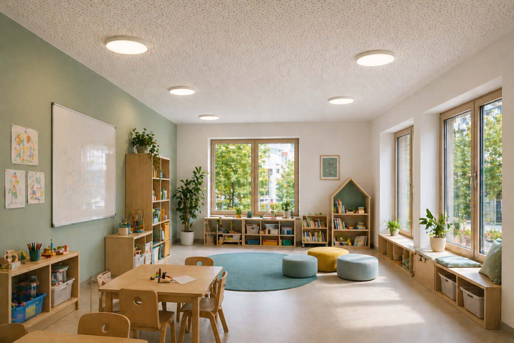 Akustikdecke in einem hellen Klassenraum zur Reduzierung von Lärm und Nachhall
