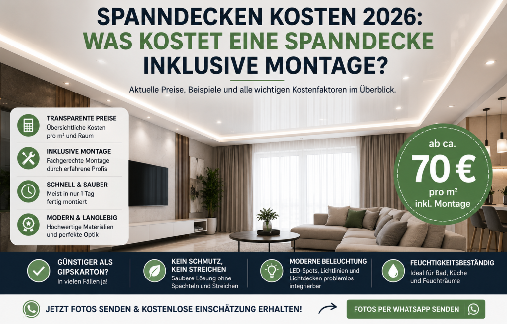 Spanndecken Kosten 2026 inklusive Montage ab ca. 70 Euro pro Quadratmeter