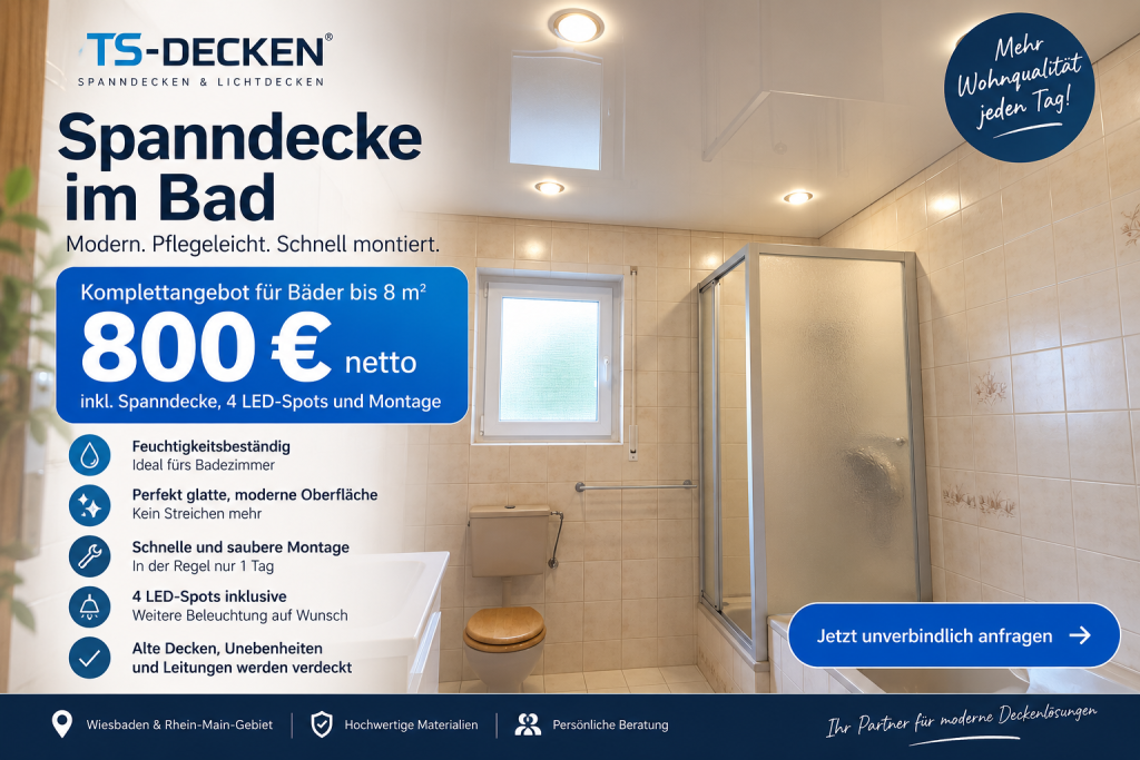 Spanndecke im Bad mit 4 LED-Spots – Komplettangebot für Bäder bis 8 m² von TS-Decken